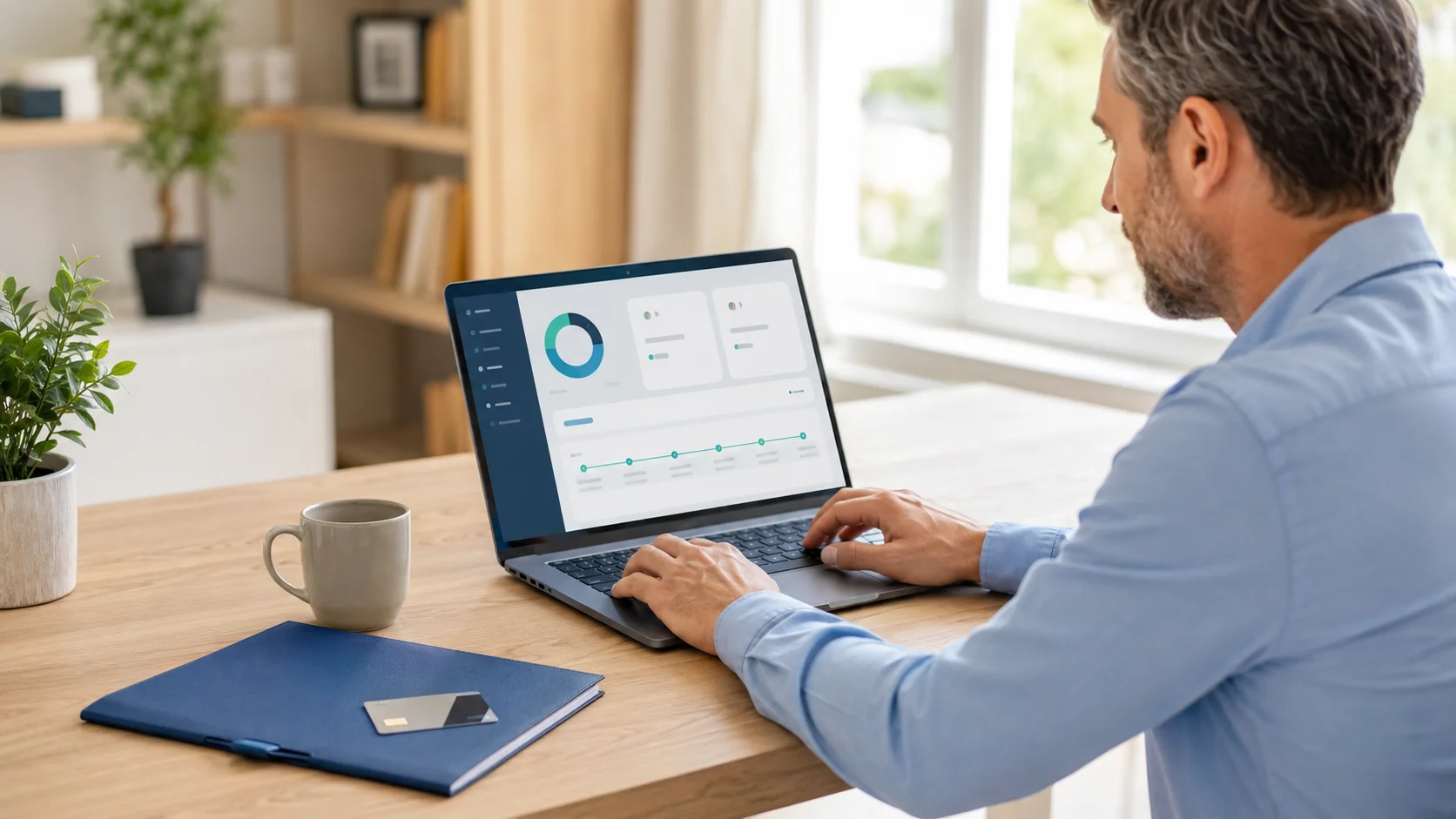 Client consultant son espace bancaire en ligne depuis son domicile.