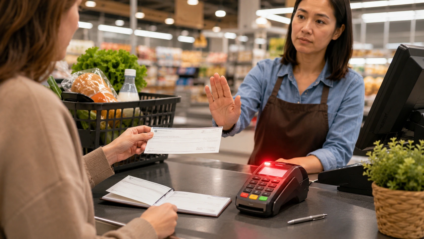 Cliente réglant un achat par carte auprès d’une commerçante.