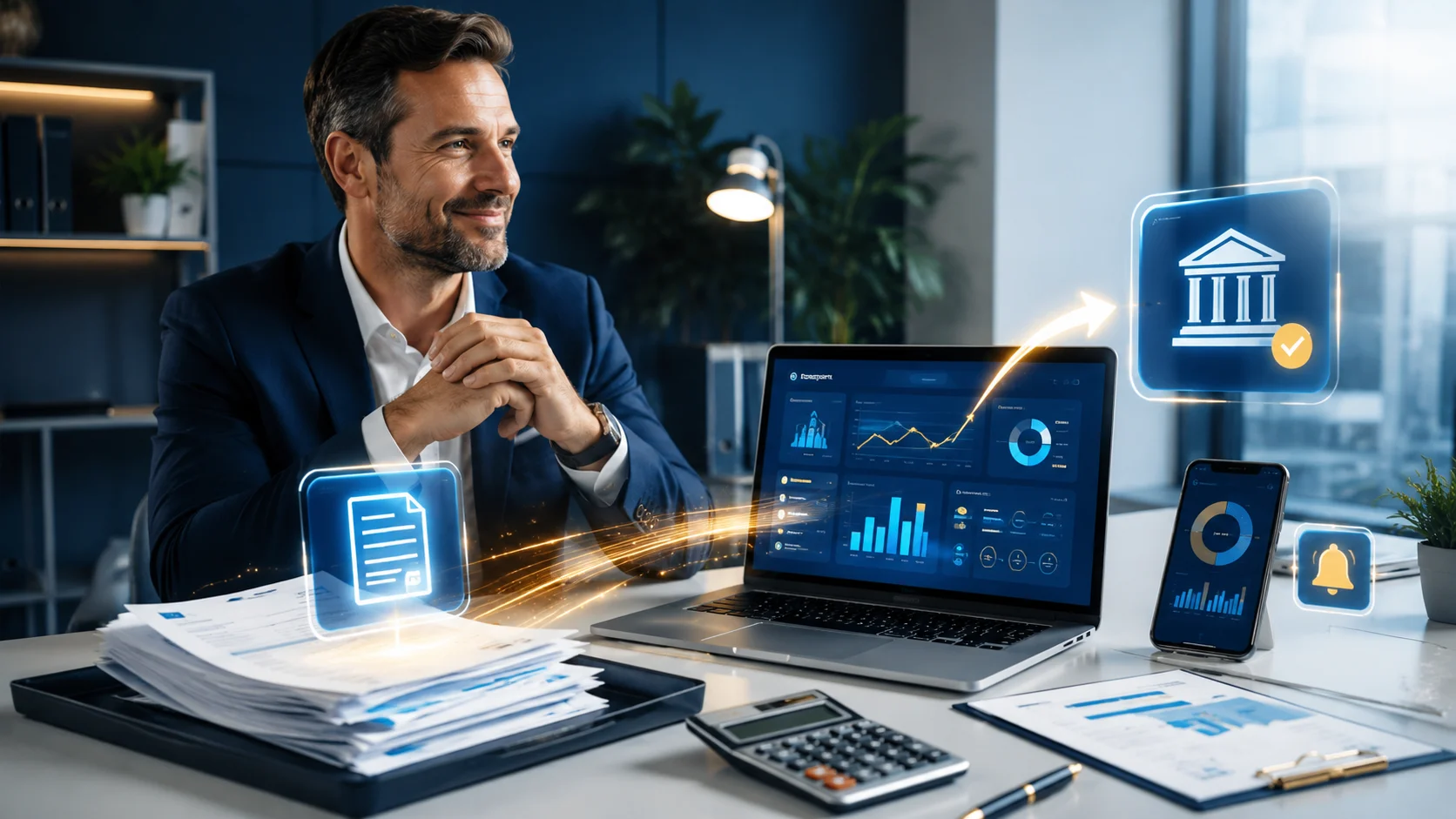 Professionnel consultant des outils bancaires numériques sur son bureau.