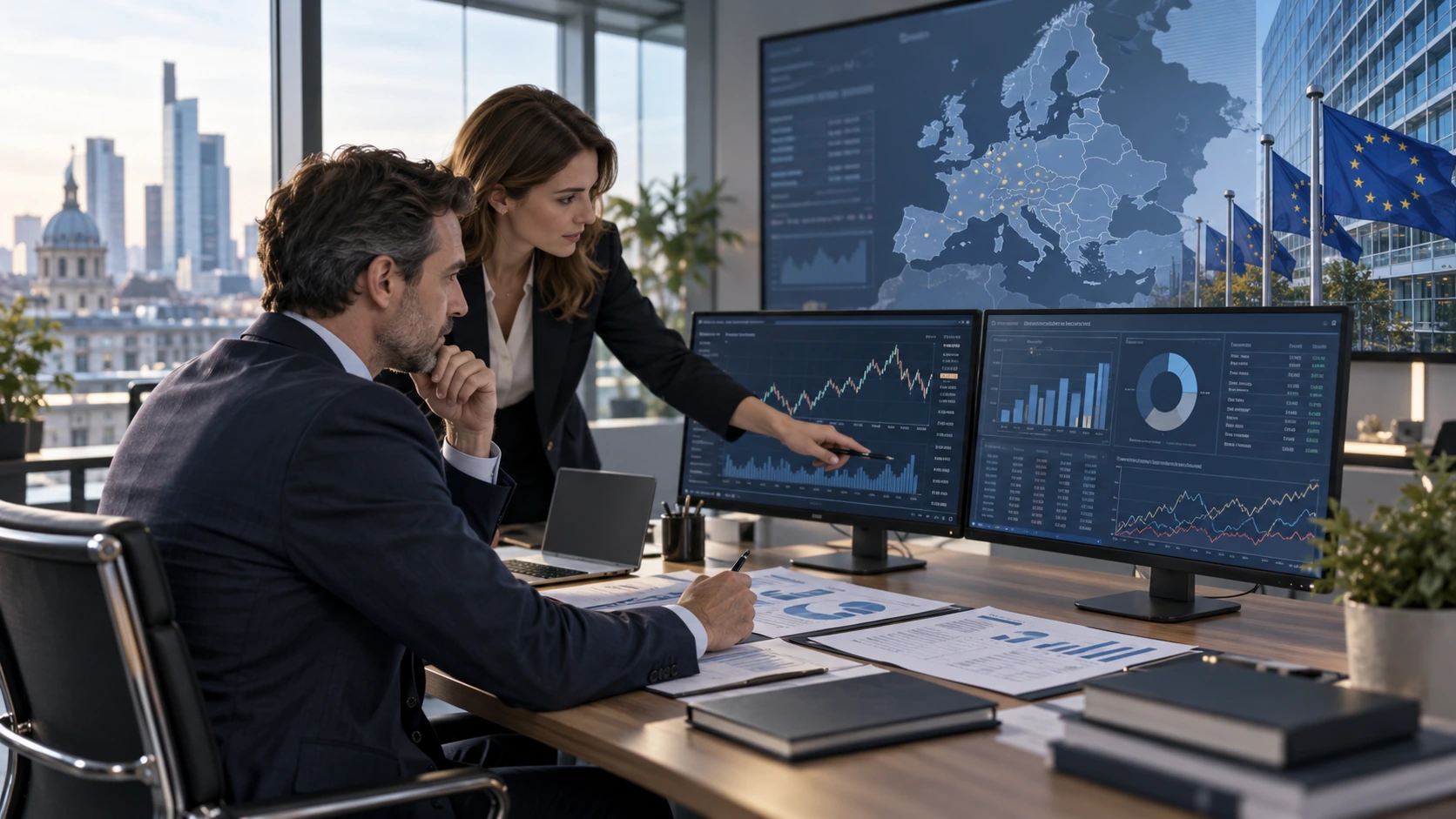 Ăquipe analysant des opĂ©rations financiĂšres internationales sur plusieurs Ă©crans.