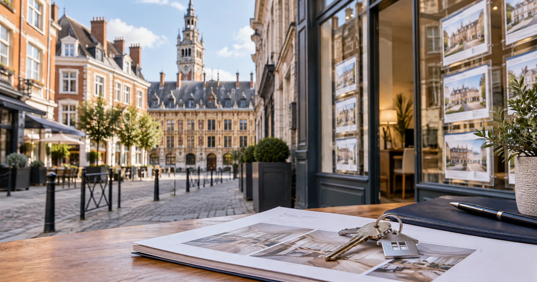 Rue commerçante avec une vitrine présentant des plans immobiliers.