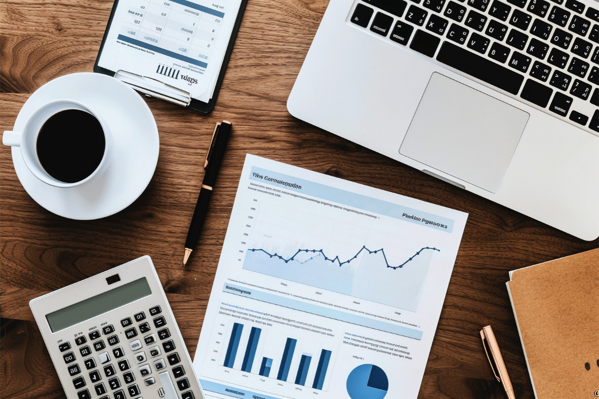 Documents financiers, calculatrice et ordinateur sur un bureau