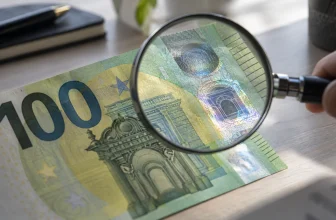 Billet de 100 euros examiné à la loupe pour contrôler ses signes de sécurité.