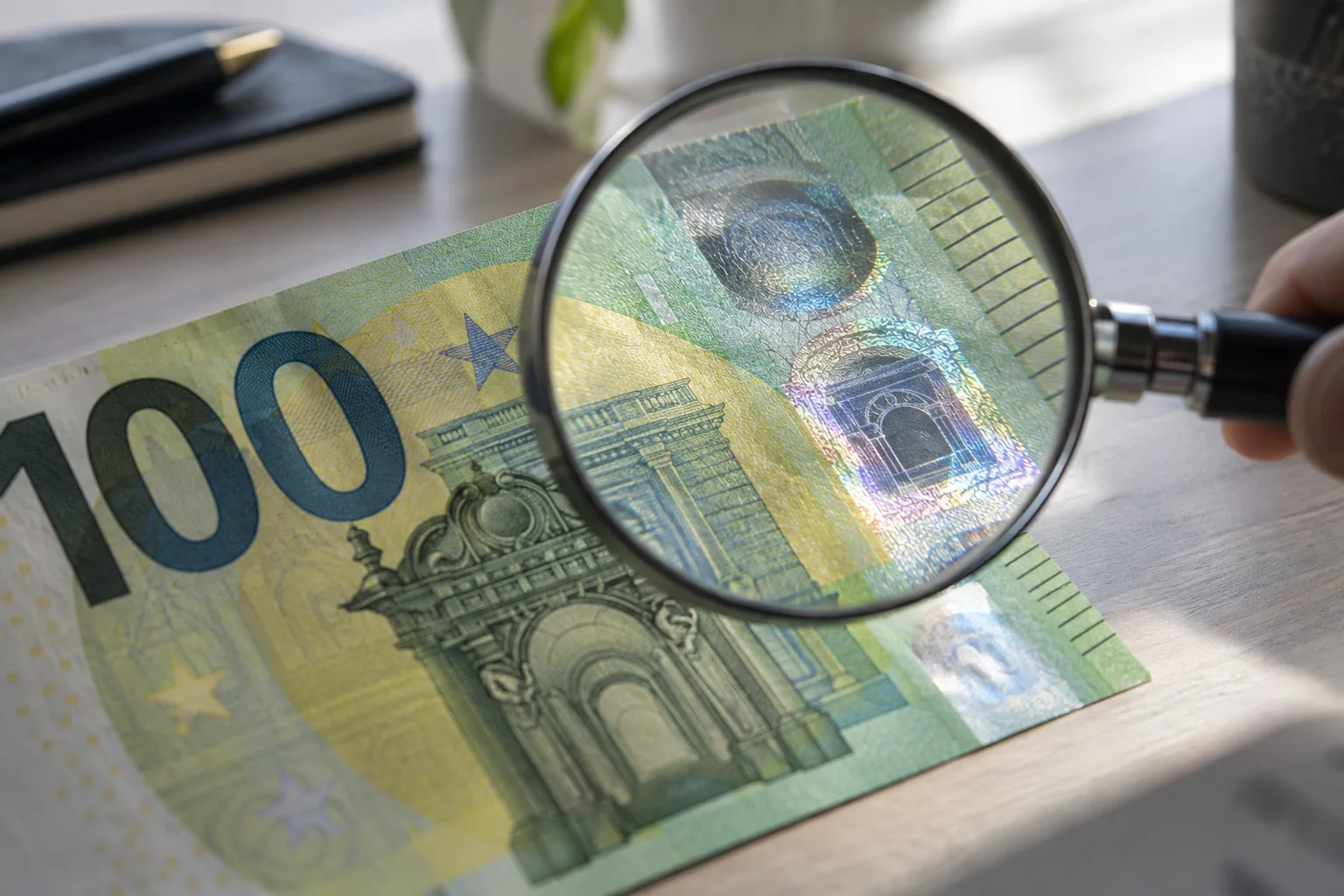 Billet de 100 euros examiné à la loupe pour contrôler ses signes de sécurité.