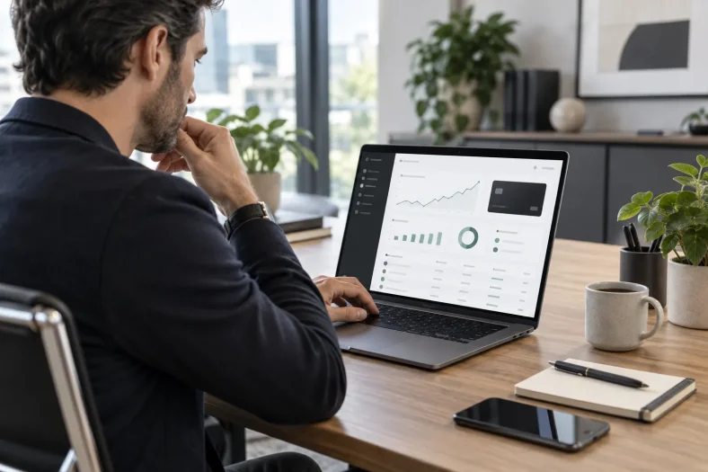 Entrepreneur utilisant une application bancaire professionnelle sur ordinateur.