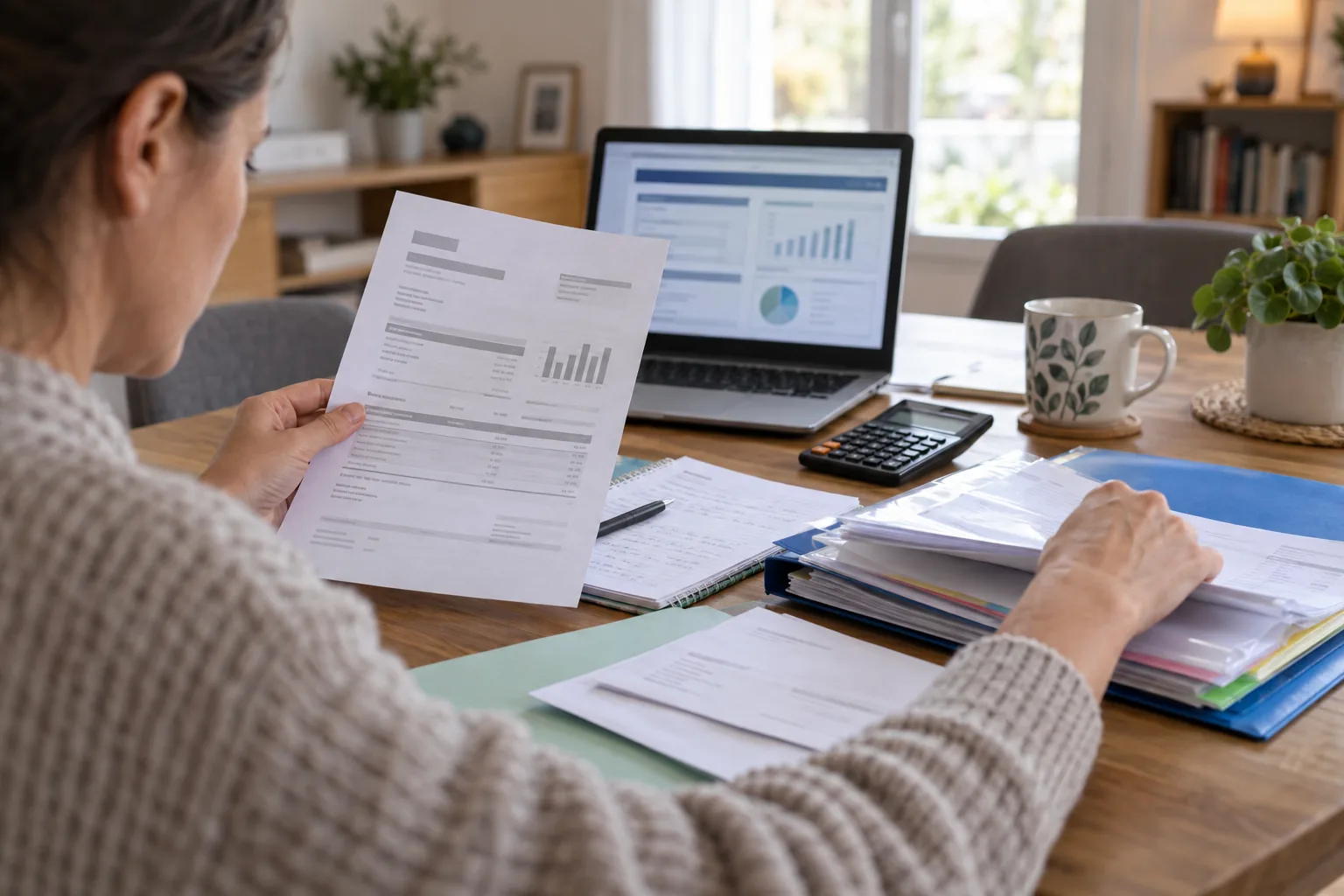 Personne consultant ses documents d’allocations et un relevé administratif.