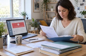 Personne classant des justificatifs après une notification administrative.
