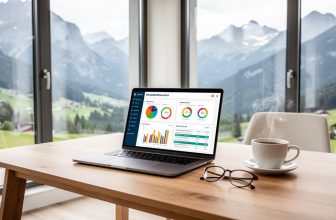 Ordinateur affichant des graphiques de comparaison devant un paysage suisse